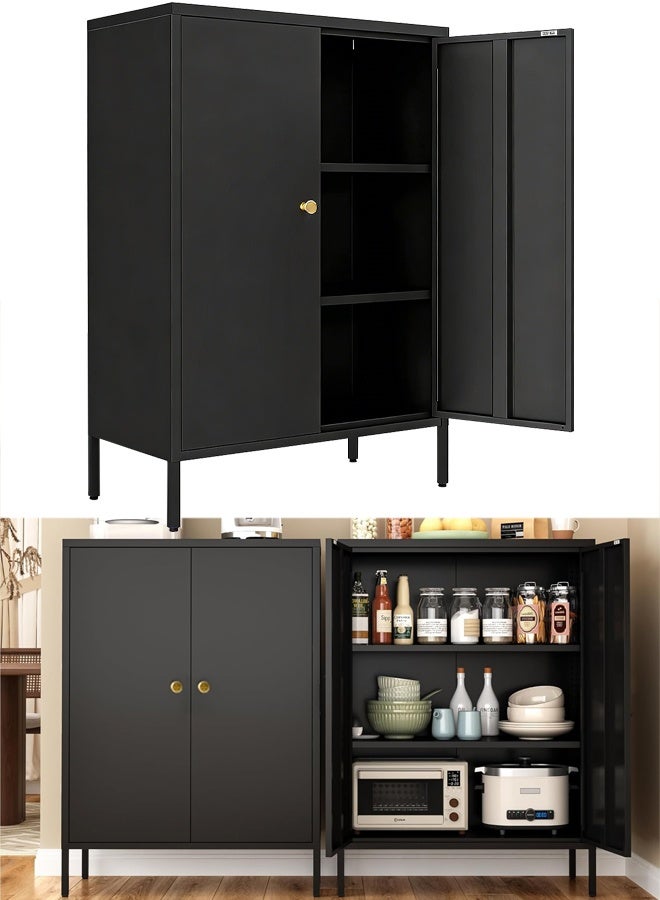 تابيت خزانة بوفيه معدنية، خزانة تخزين مطبخ بأرفف، خزانة ركن قهوة، خزانة جانبية للبوفيه، رف جانبي لتخزين فرن الميكروويف لغرفة المعيشة والمطبخ (أسود) - Image 1